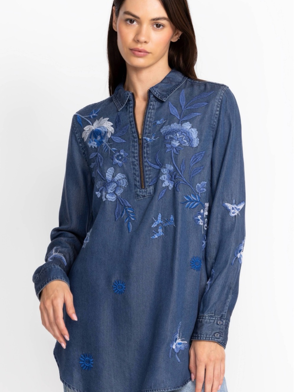 Johnny Was JAZMINE ZIPUP SHIRT TUNIC Floral Embroidery Festival
